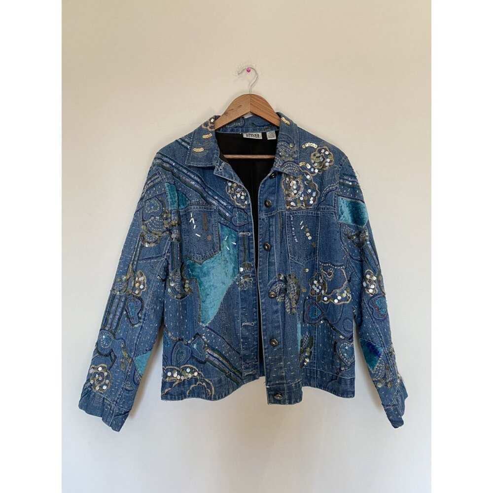 Chico’s Design Denim Jacket Size 2 Embellished Felt & Bedazzled Details - Picture 2 of 14